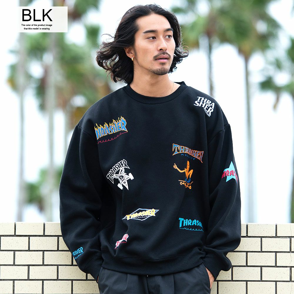 スウェット メンズ THRASHER(スラッシャー)総柄プリント＆刺繍C/N長袖