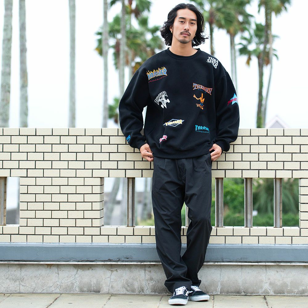 スウェット メンズ THRASHER(スラッシャー)総柄プリント&刺繍C/N長袖 スウェット メンズ THRASHER(スラッシャー)総柄プリント&刺繍C/N長袖