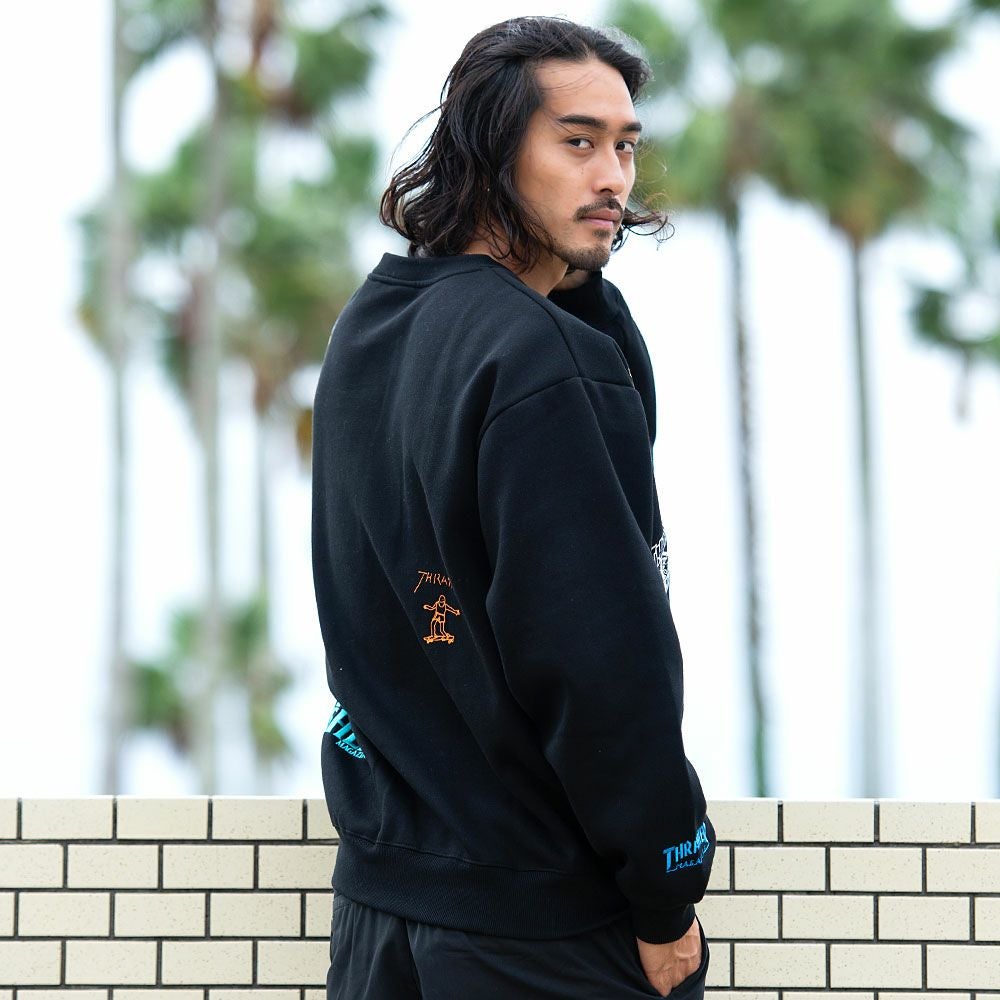 スウェット メンズ THRASHER(スラッシャー)総柄プリント＆刺繍C/N長袖