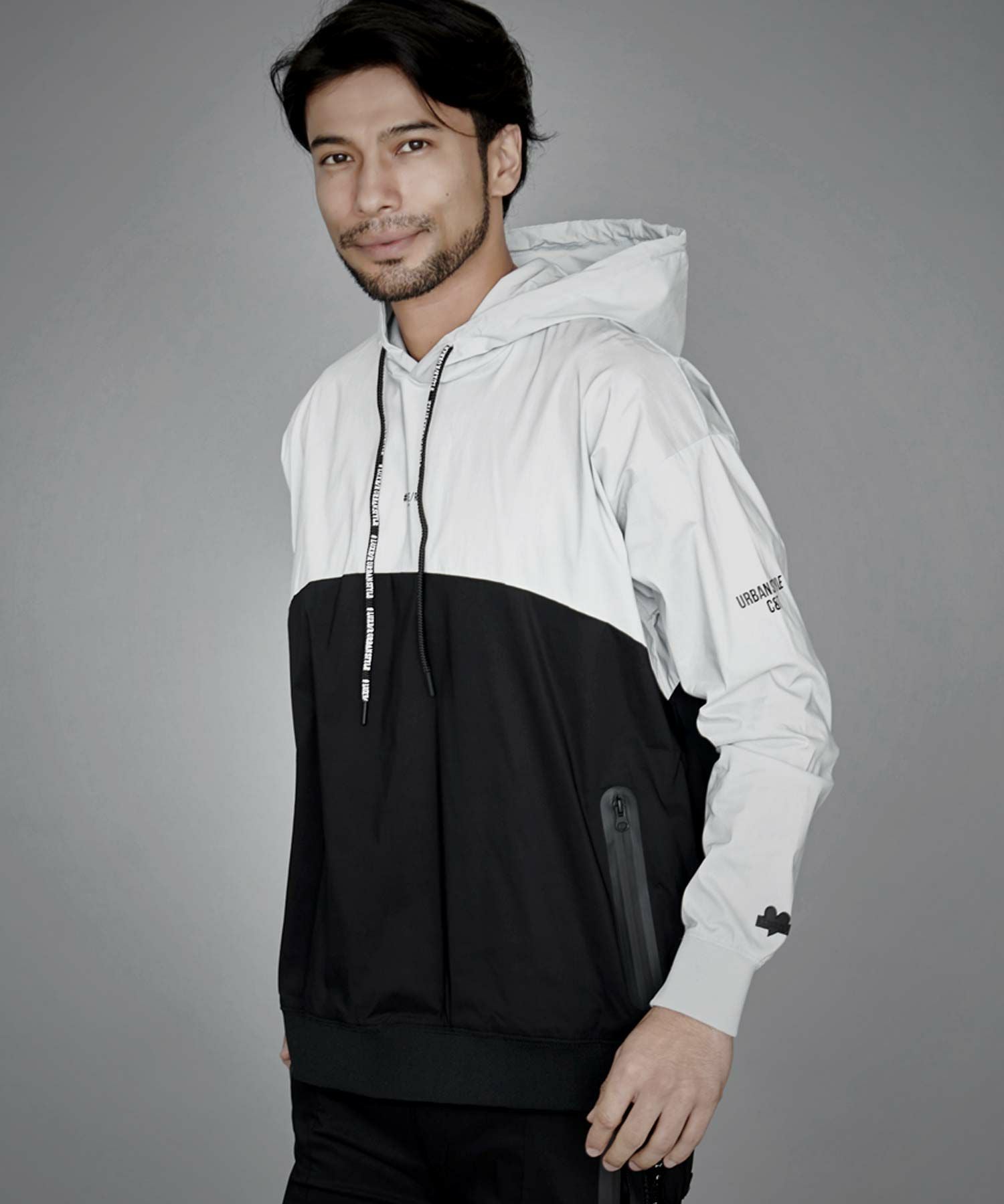 パーカー メンズ LUXE／R(ラグジュ)ストレッチ布帛切替長袖パーカー/全4色