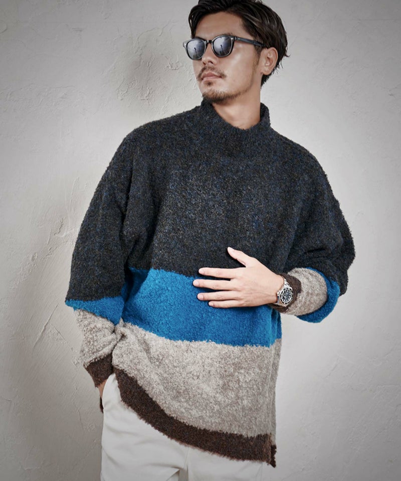 CavariA(キャバリア)ループヤーンオーバーサイズボーダーハーフネック長袖ニット/全2色