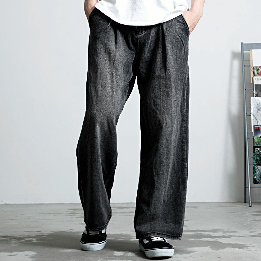 バーバリー デニム ワイドパンツ 変形ハイウエスト（M）黒系 個性派デザイン ワイドパンツ メンズ CavariA(キャバリア)デニムワイドパンツ/全12色