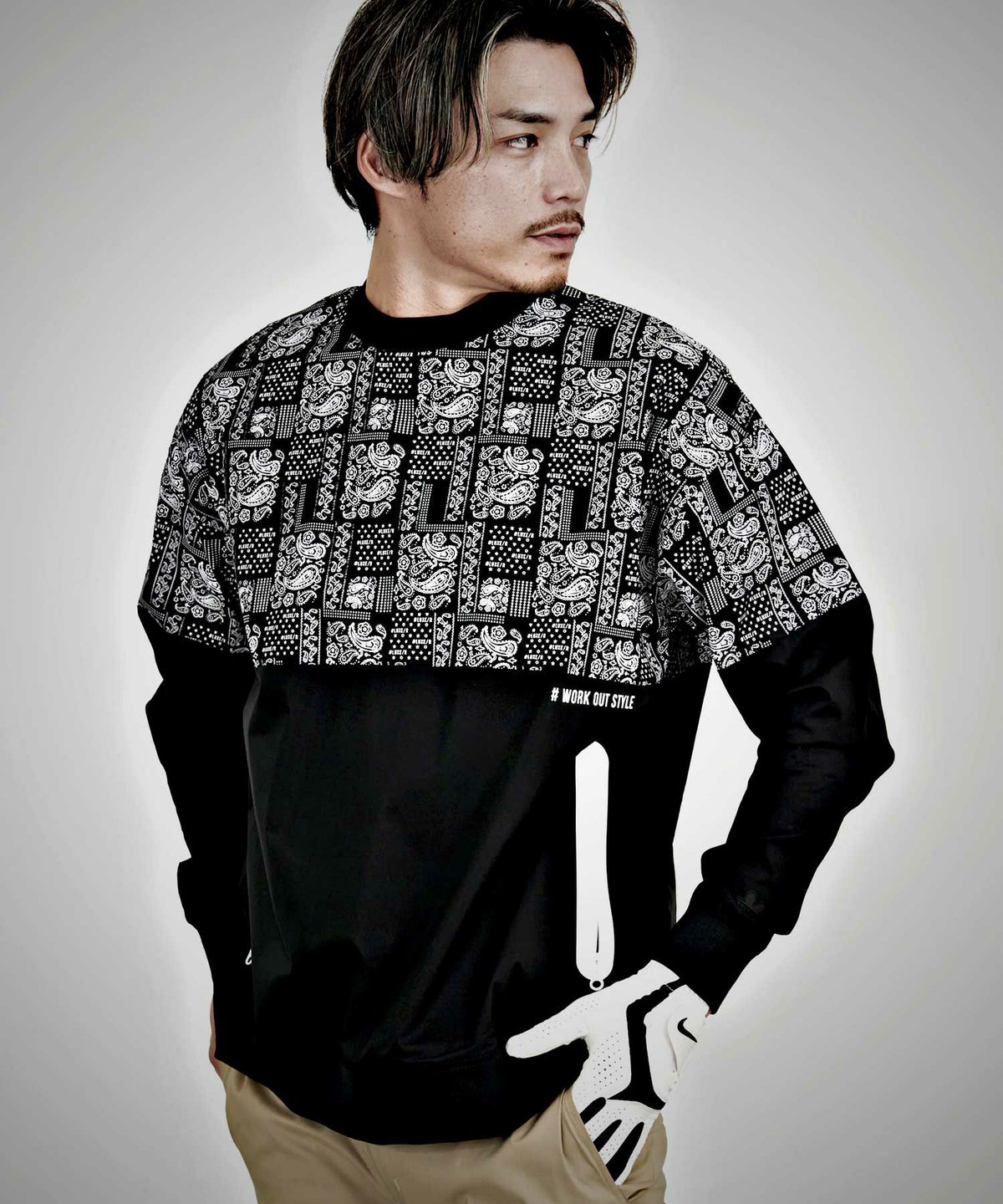 LUXE／R(ラグジュ)ペイズリー切り替えストレッチ布帛長袖トレーナー/全2色