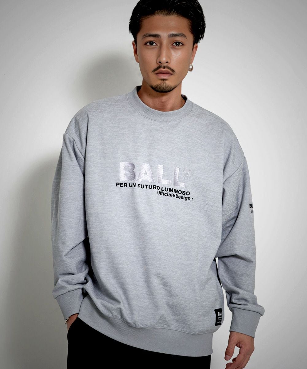 BALL(ボール)クルーネック ストレッチダンボール刺繍プリント長袖トレーナー/全2色