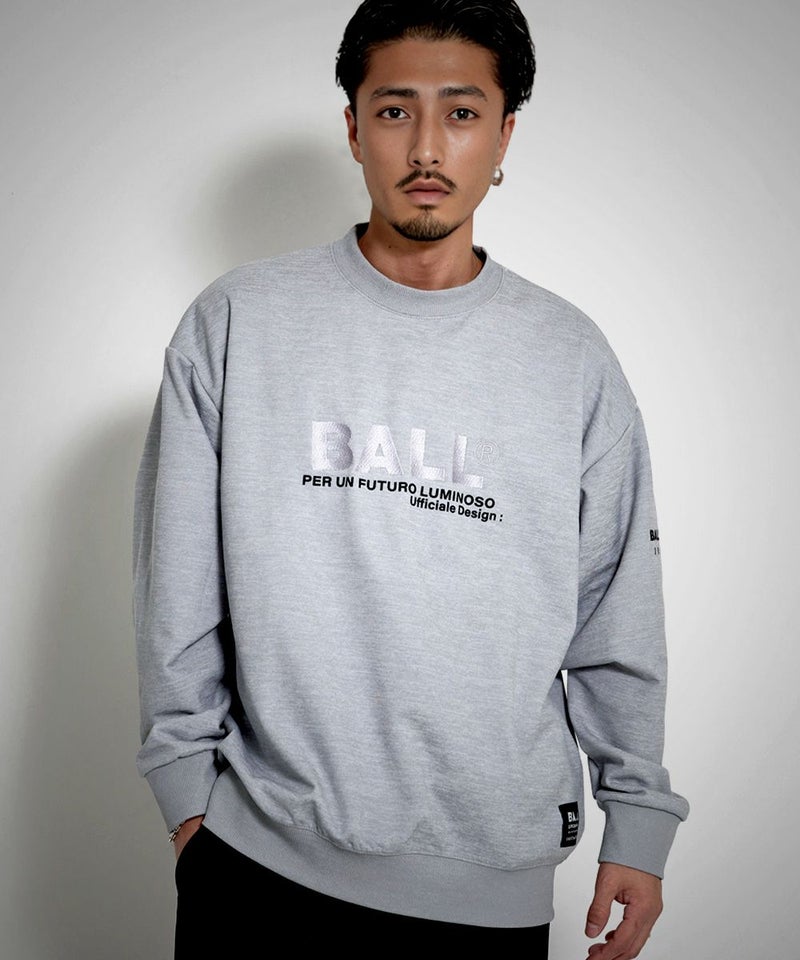 BALL(ボール)クルーネック ストレッチダンボール刺繍プリント長袖トレーナー/全2色