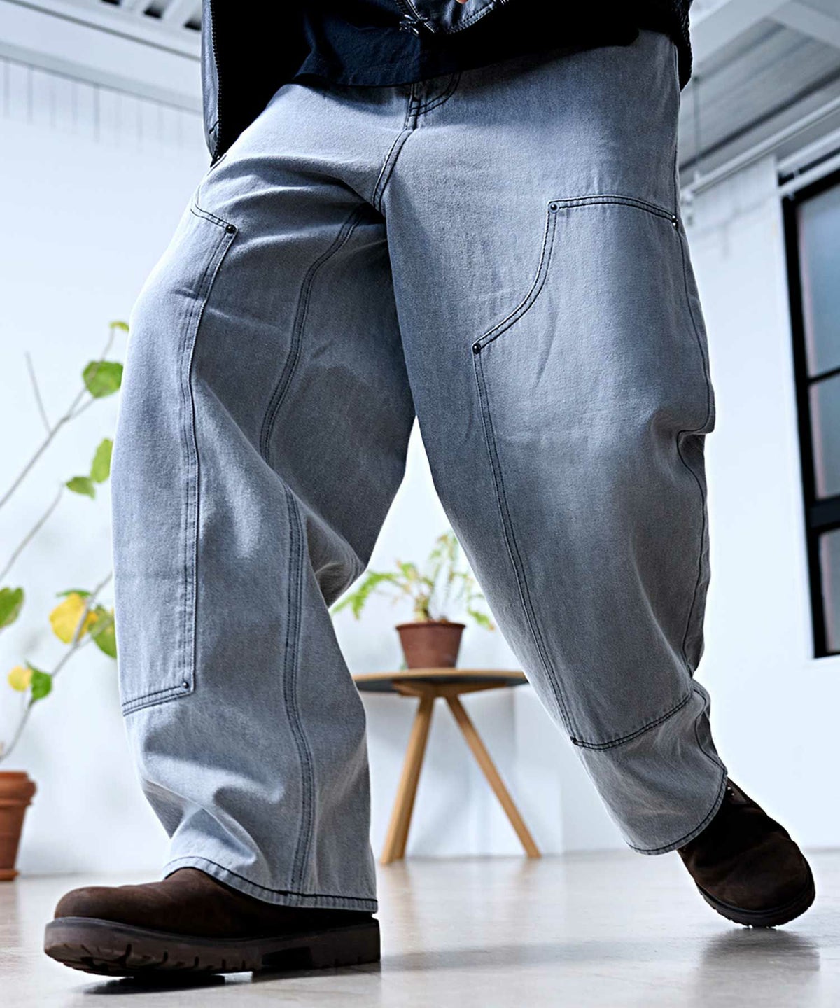 Bitter select(ビターセレクト)ワイドストレートダブルニーパッチデニムパンツ/全4色