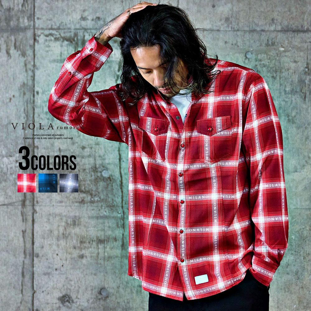 VIOLA(ヴィオラ)総柄プリントオンブレチェック長袖シャツ/全3色