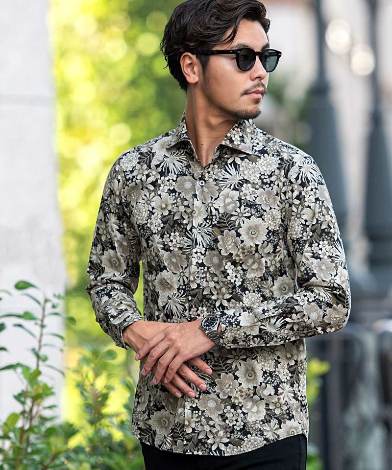 CavariA(キャバリア)日本製フラワープリントホリゾンタルカラー長袖シャツ/全2色