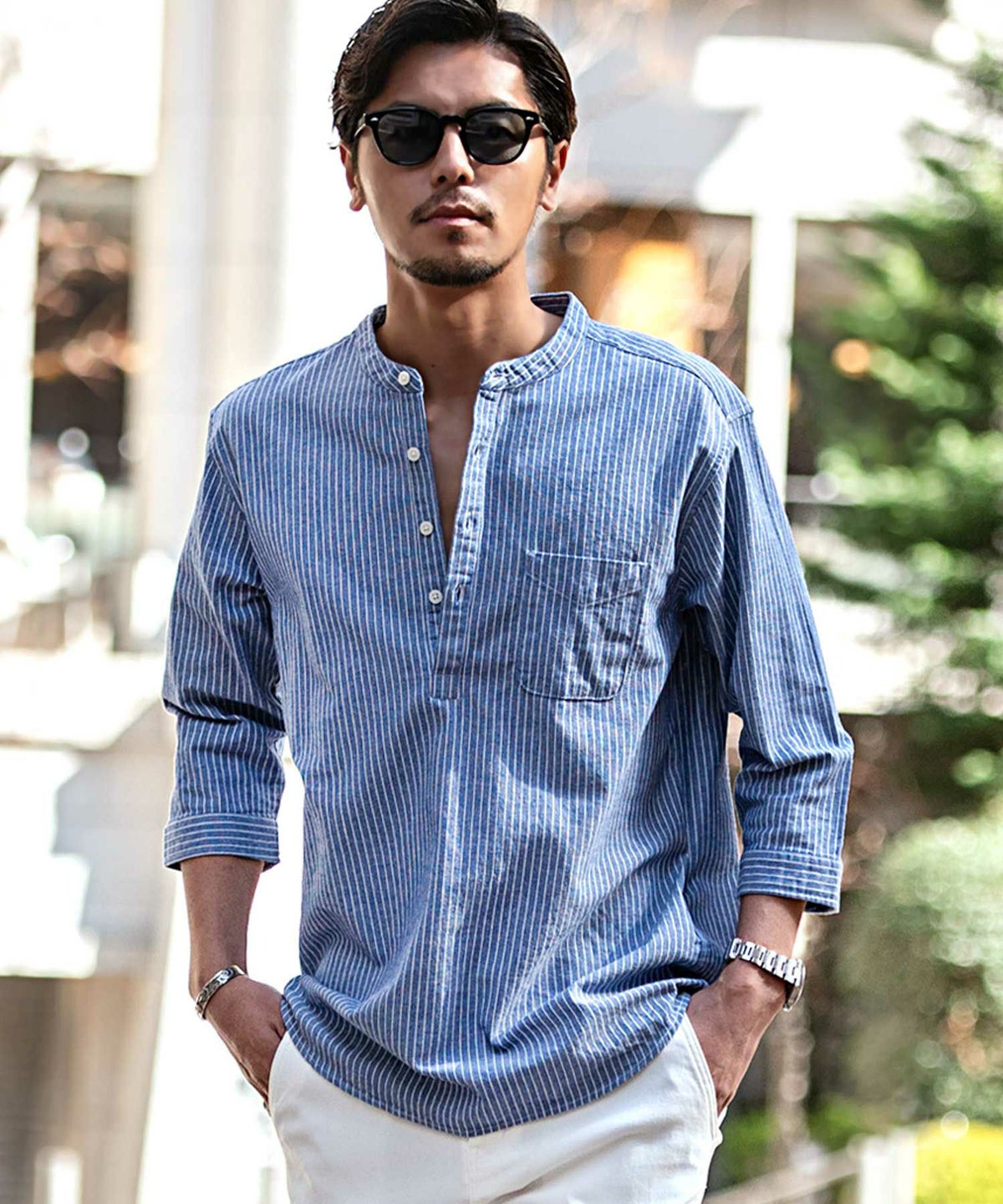 CavariA(キャバリア)パナマバンドカラーカプリ7分袖シャツ/全10色