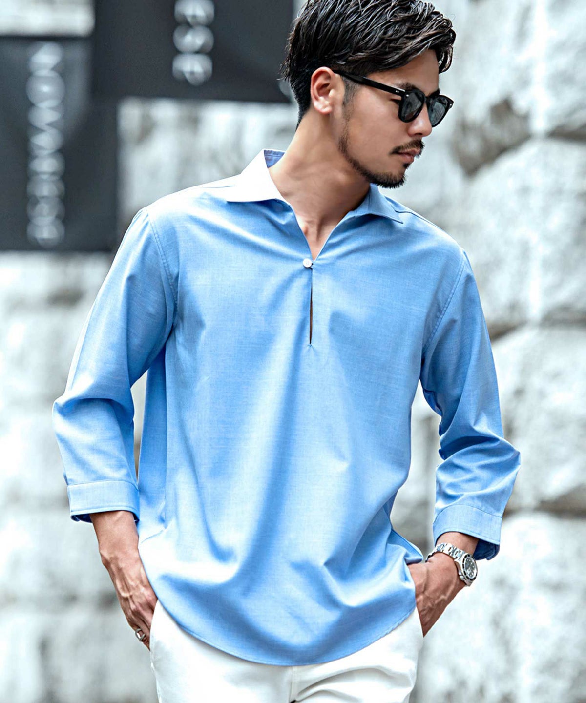 CavariA(キャバリア)接触冷感シャンブレーポリエステルカプリ7分袖シャツ/全5色