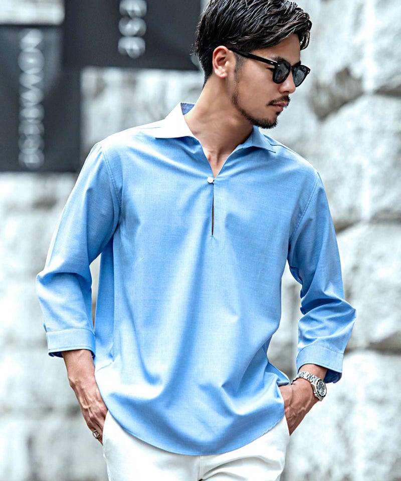 CavariA(キャバリア)接触冷感シャンブレーポリエステルカプリ7分袖シャツ/全5色