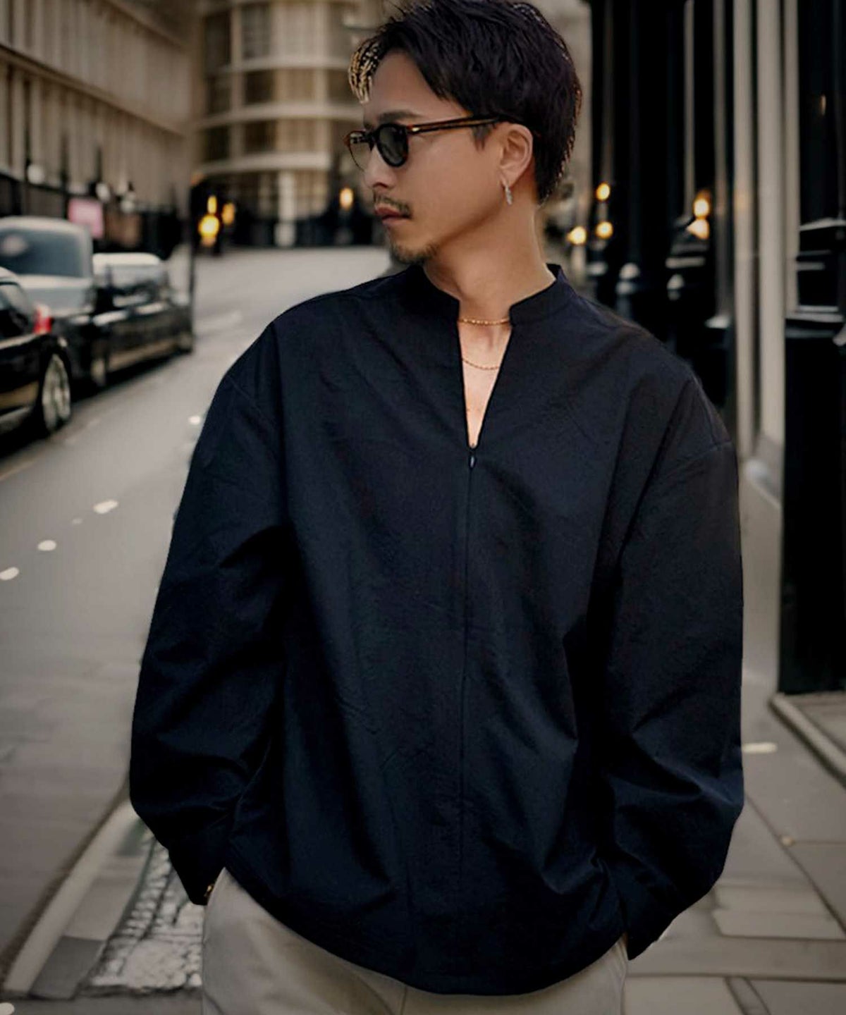 CavariA(キャバリア)スキッパースタンドカラーオーバー長袖シャツ/全3色