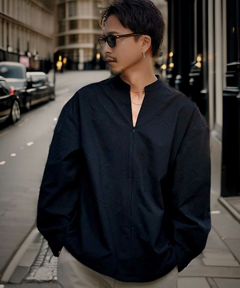 CavariA(キャバリア)スキッパースタンドカラーオーバー長袖シャツ/全3色