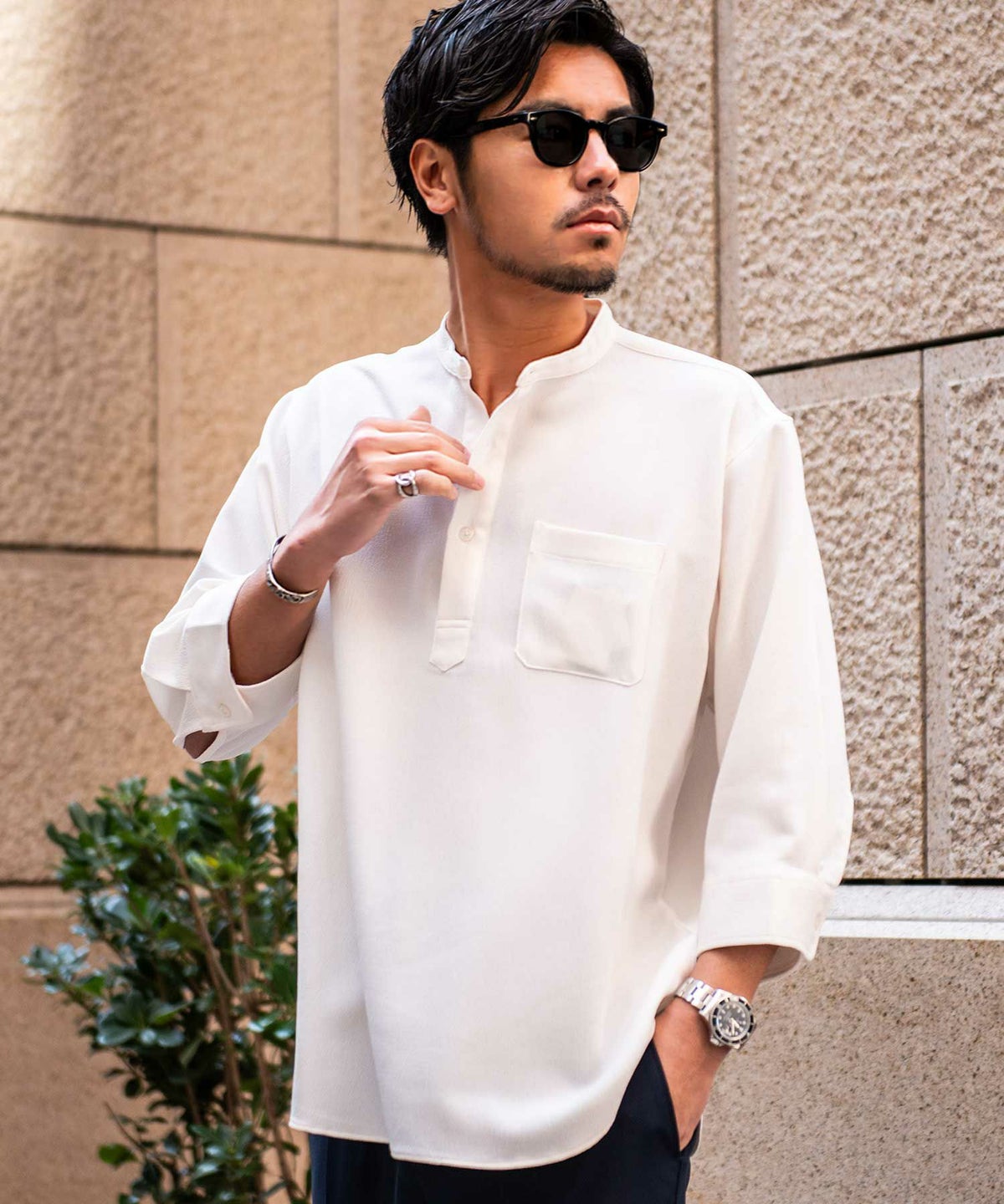 CavariA(キャバリア)日本製接触冷感スラブオックスバンドカラー7分袖カプリシャツ/全3色