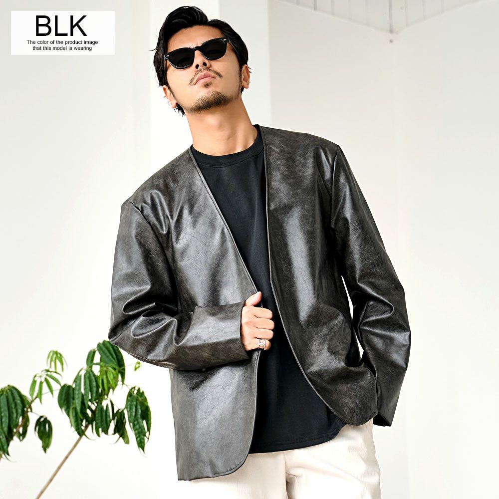 ブルゾン メンズ CavariA(キャバリア)PUレザーノーカラーJKT/全3色