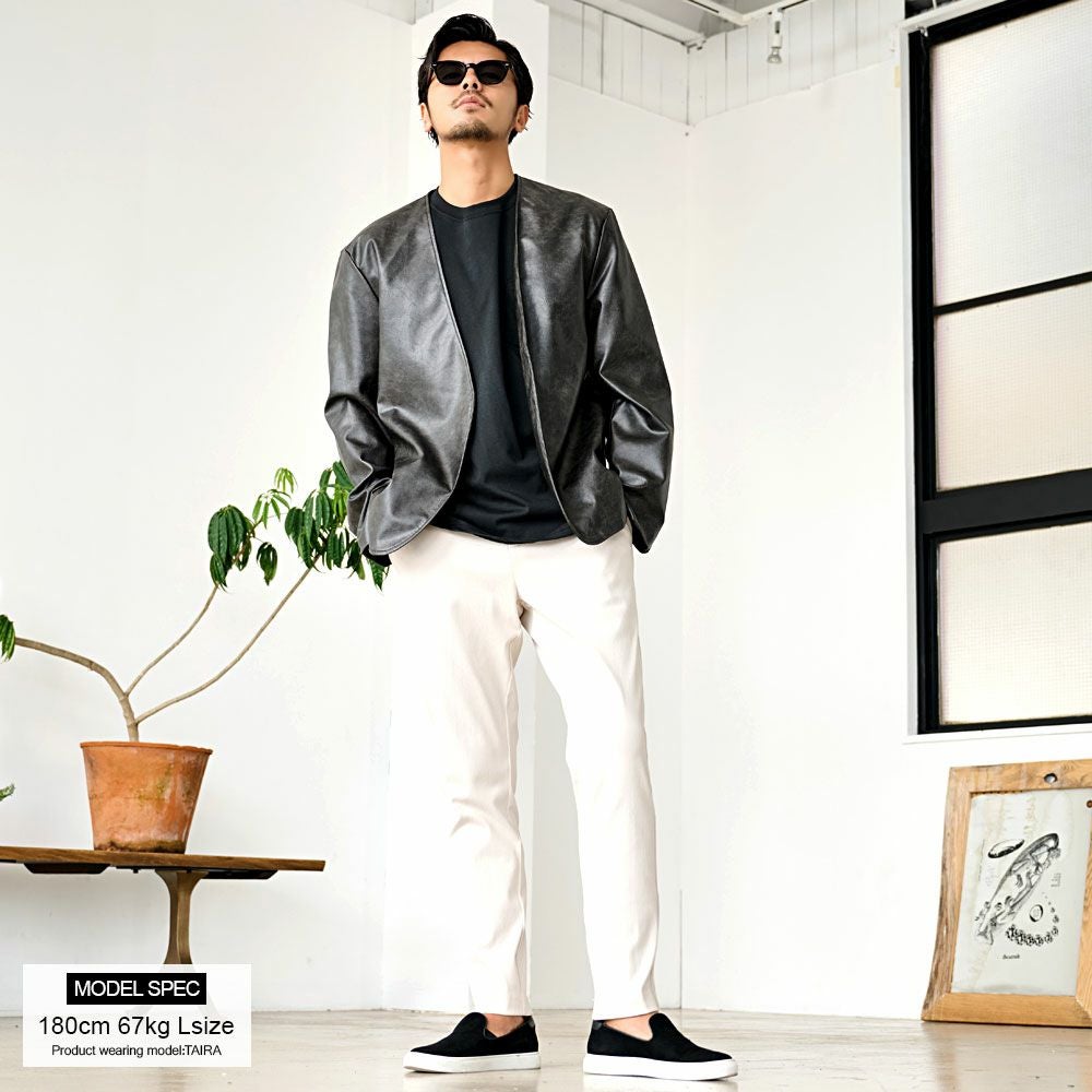 ブルゾン メンズ CavariA(キャバリア)PUレザーノーカラーJKT/全3色