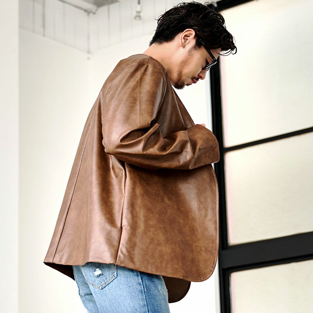 ブルゾン メンズ CavariA(キャバリア)PUレザーノーカラーJKT/全3色