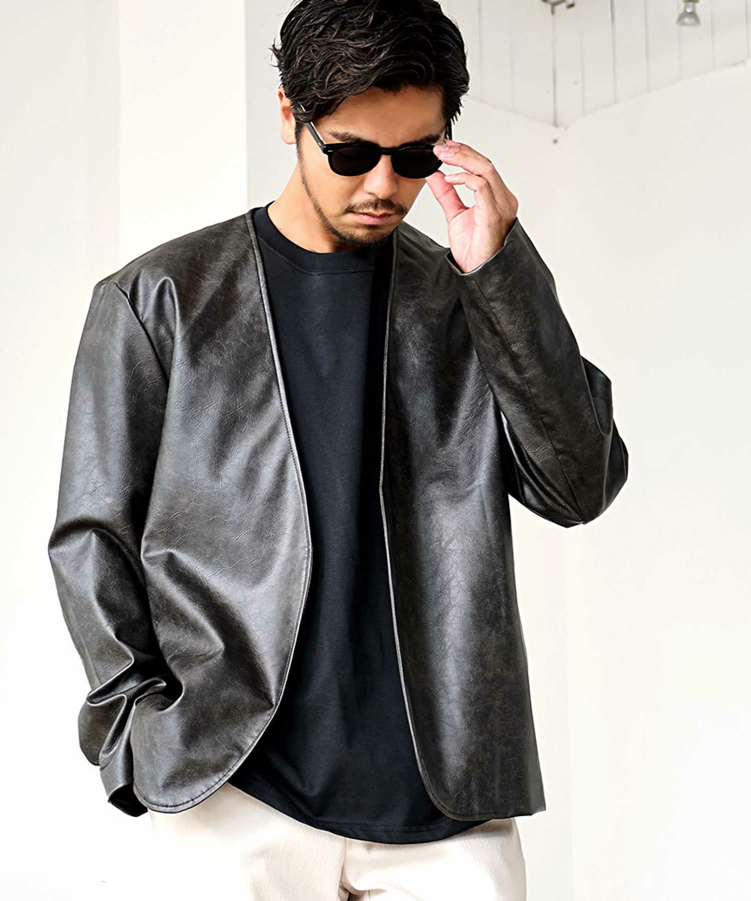 ブルゾン メンズ CavariA(キャバリア)PUレザーノーカラーJKT/全3色