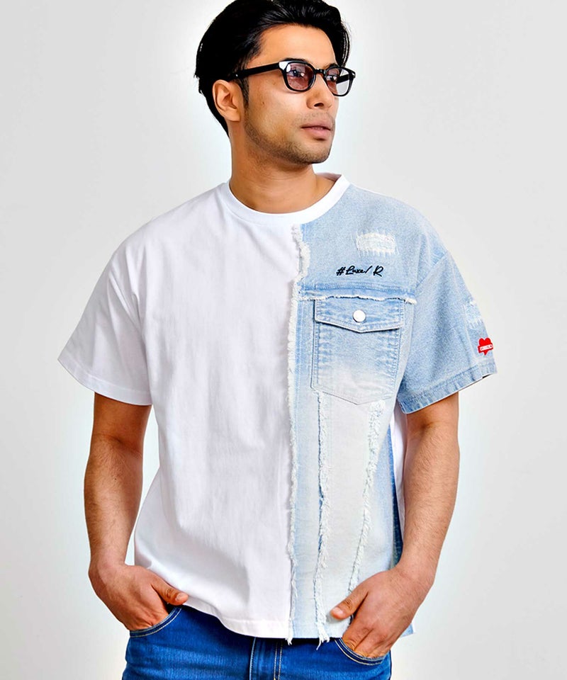 LUXE／R(ラグジュ)クルーネック デニム切り替え半袖Tシャツ/全2色