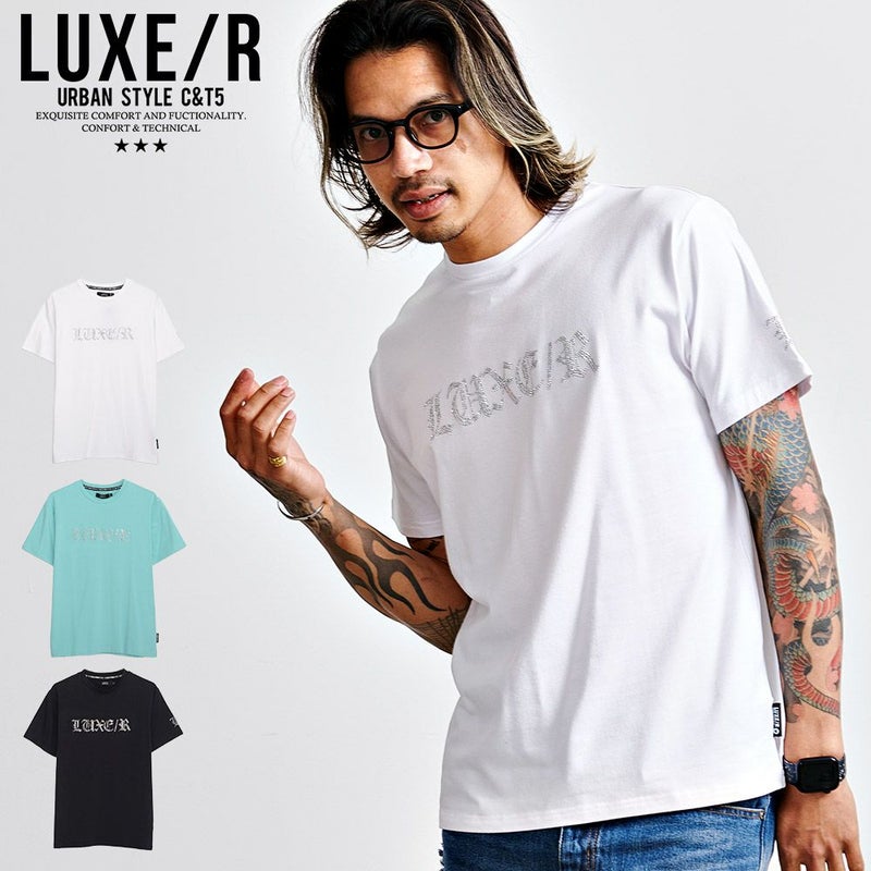 LUXE／R(ラグジュ)クルーネック ラインストーンロゴ半袖Tシャツ/全3色