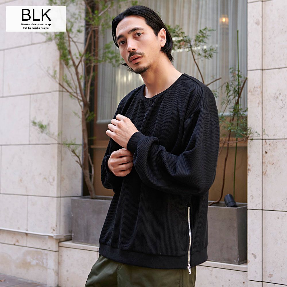 半袖Tシャツ メンズ CavariA(キャバリア)サイドZIPクルーネック長袖T