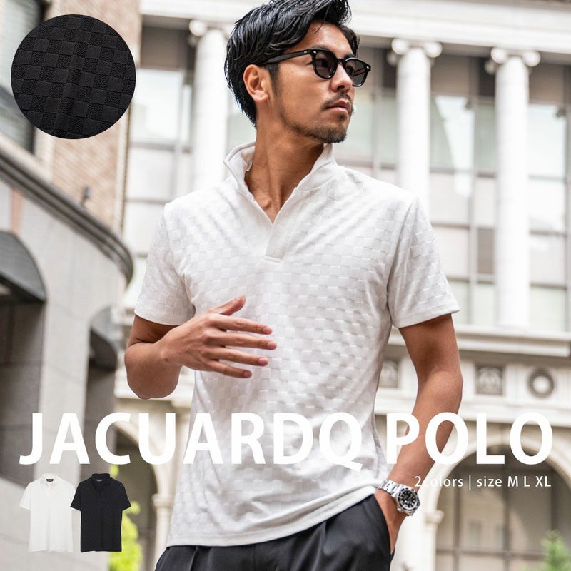 CavariA(キャバリア)ジャガードチェックイタリアンカラー半袖ポロシャツ/全2色