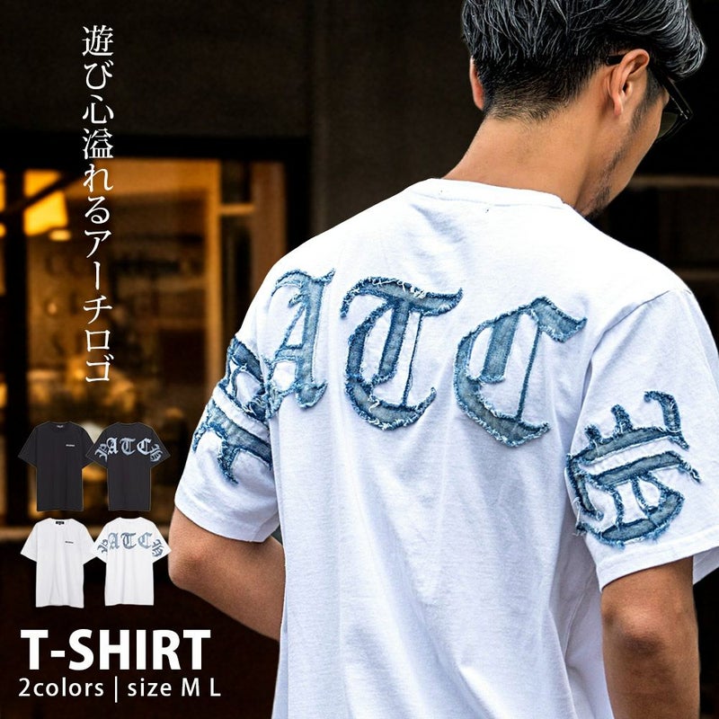 CavariA(キャバリア)デニムロゴパッチワーク半袖Tシャツ/全2色