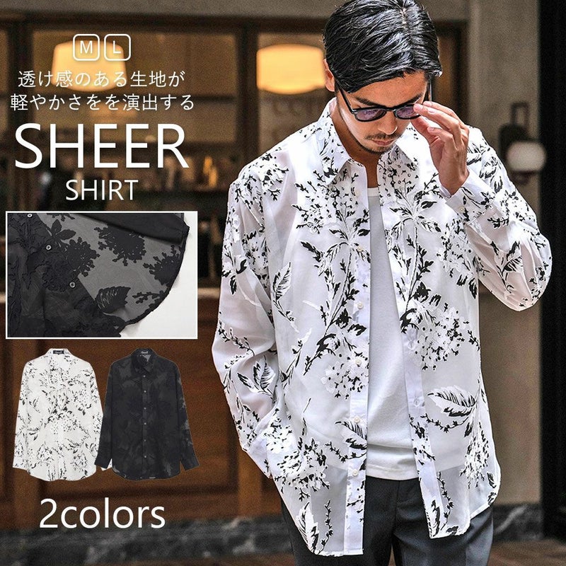  CavariA(キャバリア)シースルーフラワージャガード長袖シャツ/全2色