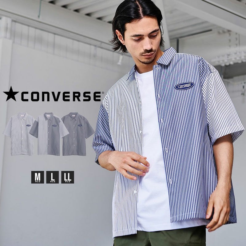 CONVERSE(コンバース)ワッペン付きストライプ半袖オーバーシャツ/全3色