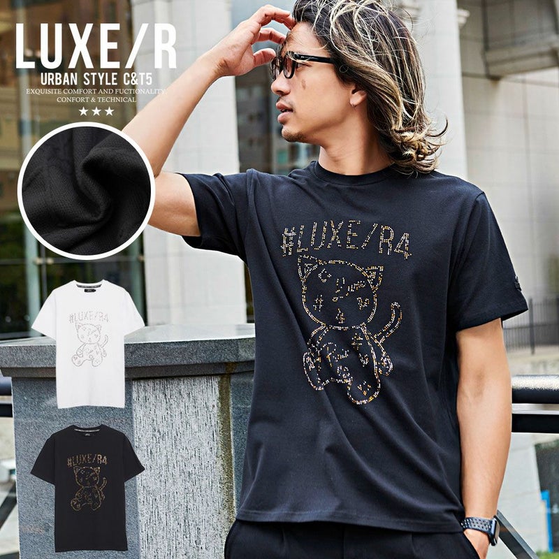  LUXE／R(ラグジュ)クルーネック ランダムラインストーンCAT半袖Tシャツ/全2色