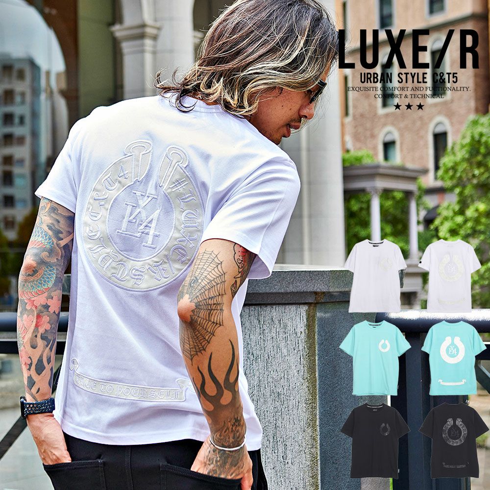半袖Tシャツ メンズ LUXE／R(ラグジュ)クルーネック PU貼り付け半袖T