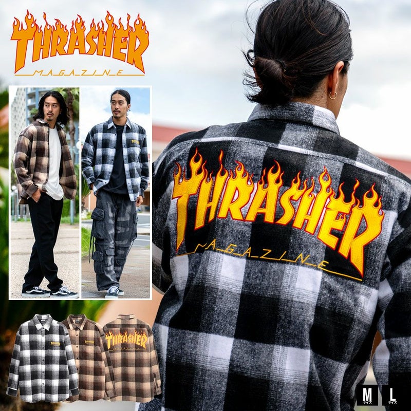  THRASHER(スラッシャー)ネルチェック/バック刺繍ルーズサイズシャツ 長袖/全2色
