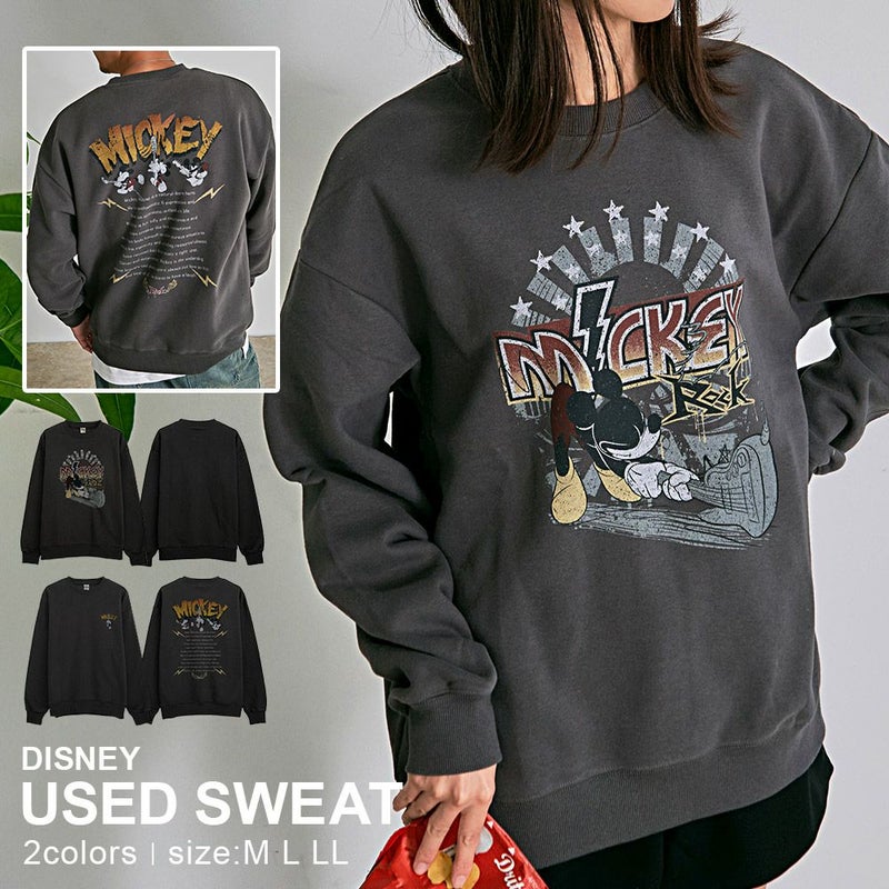 DISNEY(ディズニー)ROCK MICKEY 裏起毛ピグメント風ヴィンテージ加工グラフィックスウェットトレーナー/全2色
