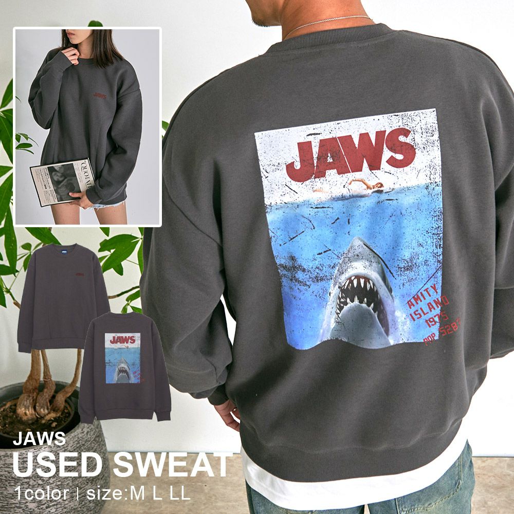  Bitter select(ビターセレクト)JAWS 裏起毛ピグメント風ヴィンテージ加工グラフィックスウェットトレーナー/全1色