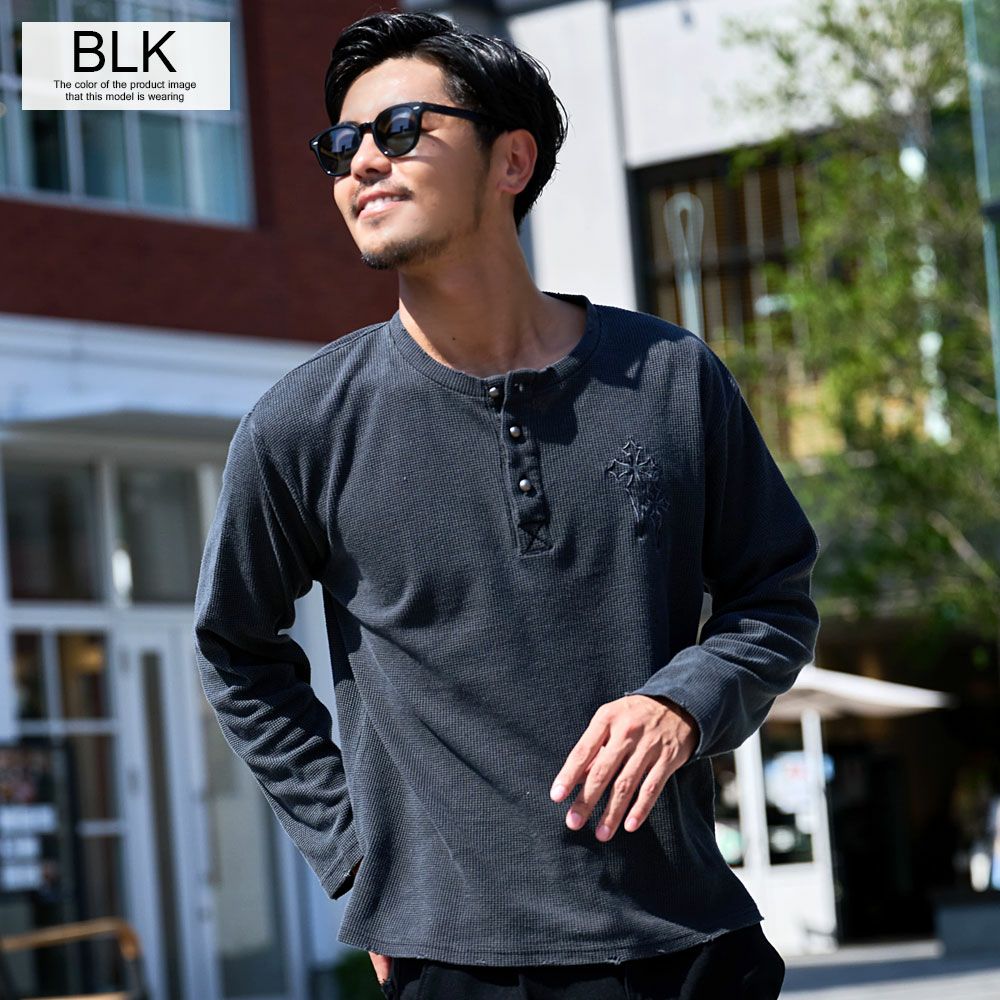 長袖Tシャツ メンズ ヴィンテージ風クロス刺繍ワッフルダメージ