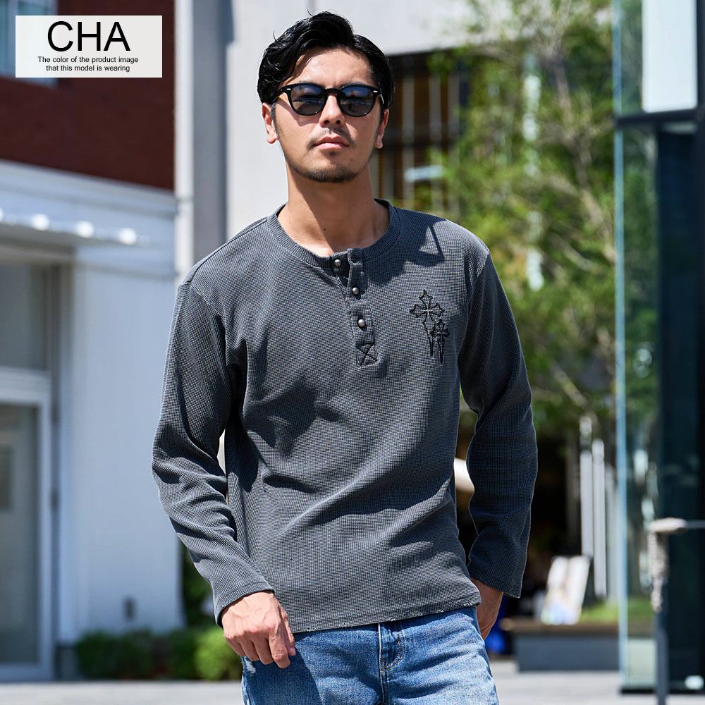 長袖Tシャツ メンズ ヴィンテージ風クロス刺繍ワッフルダメージ