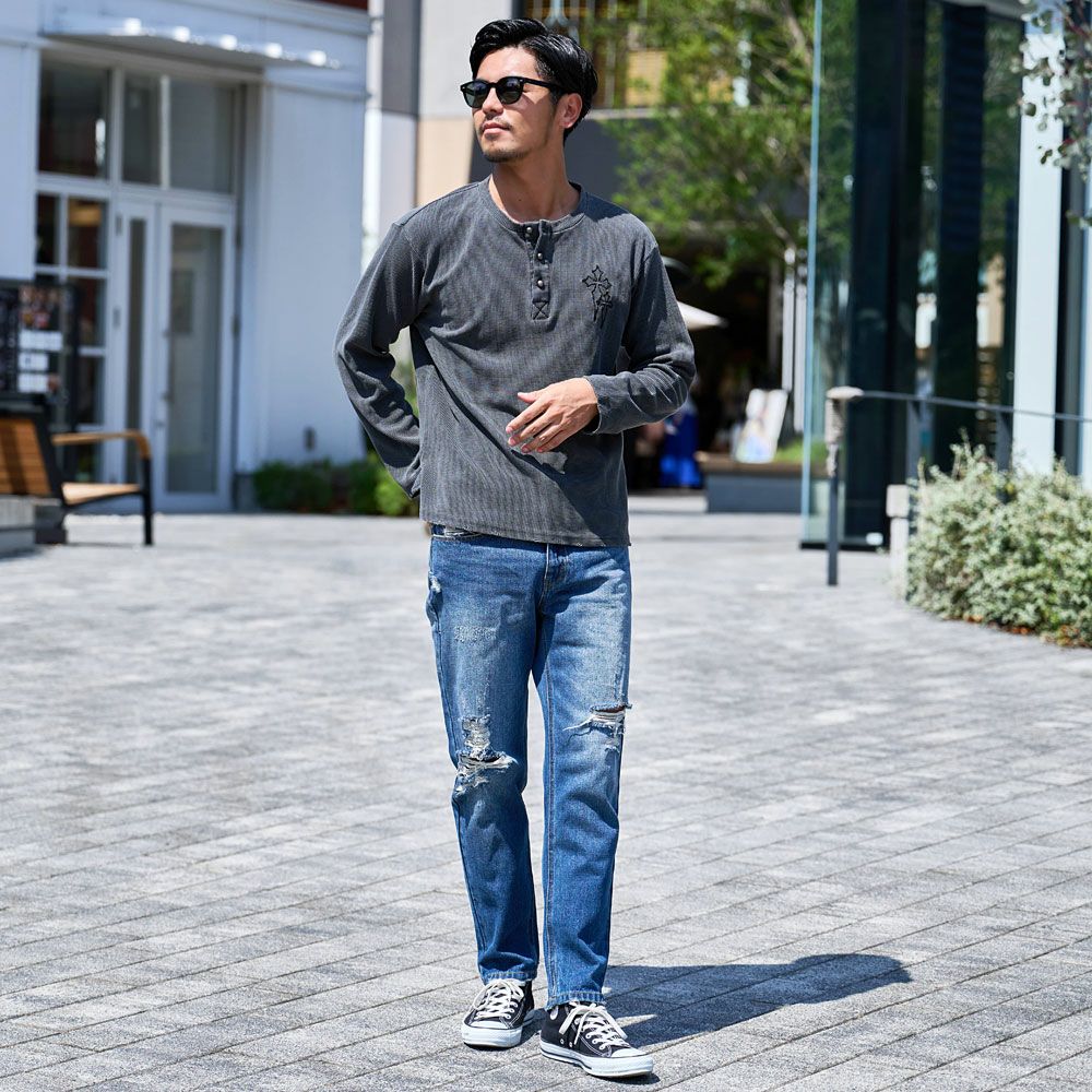 長袖Tシャツ メンズ ヴィンテージ風クロス刺繍ワッフルダメージ