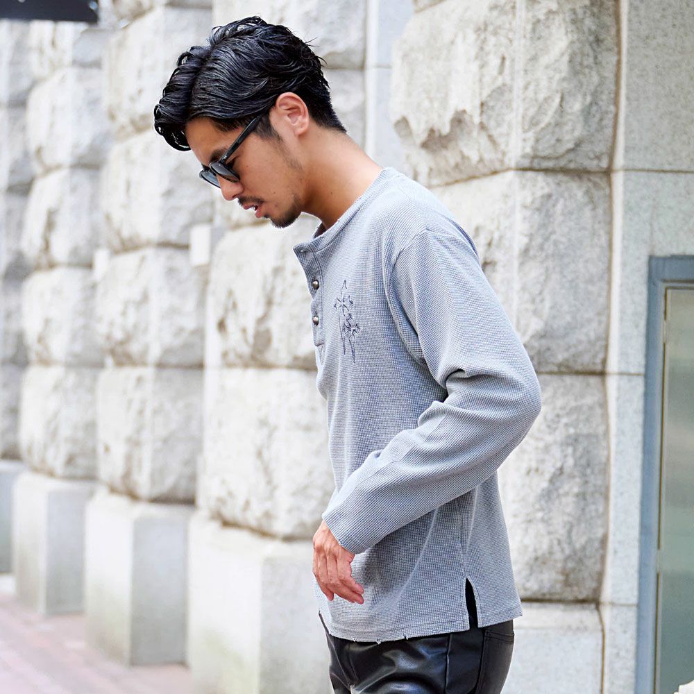 長袖Tシャツ メンズ ヴィンテージ風クロス刺繍ワッフルダメージ