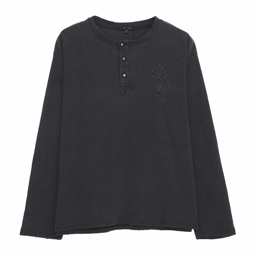 長袖Tシャツ メンズ ヴィンテージ風クロス刺繍ワッフルダメージ