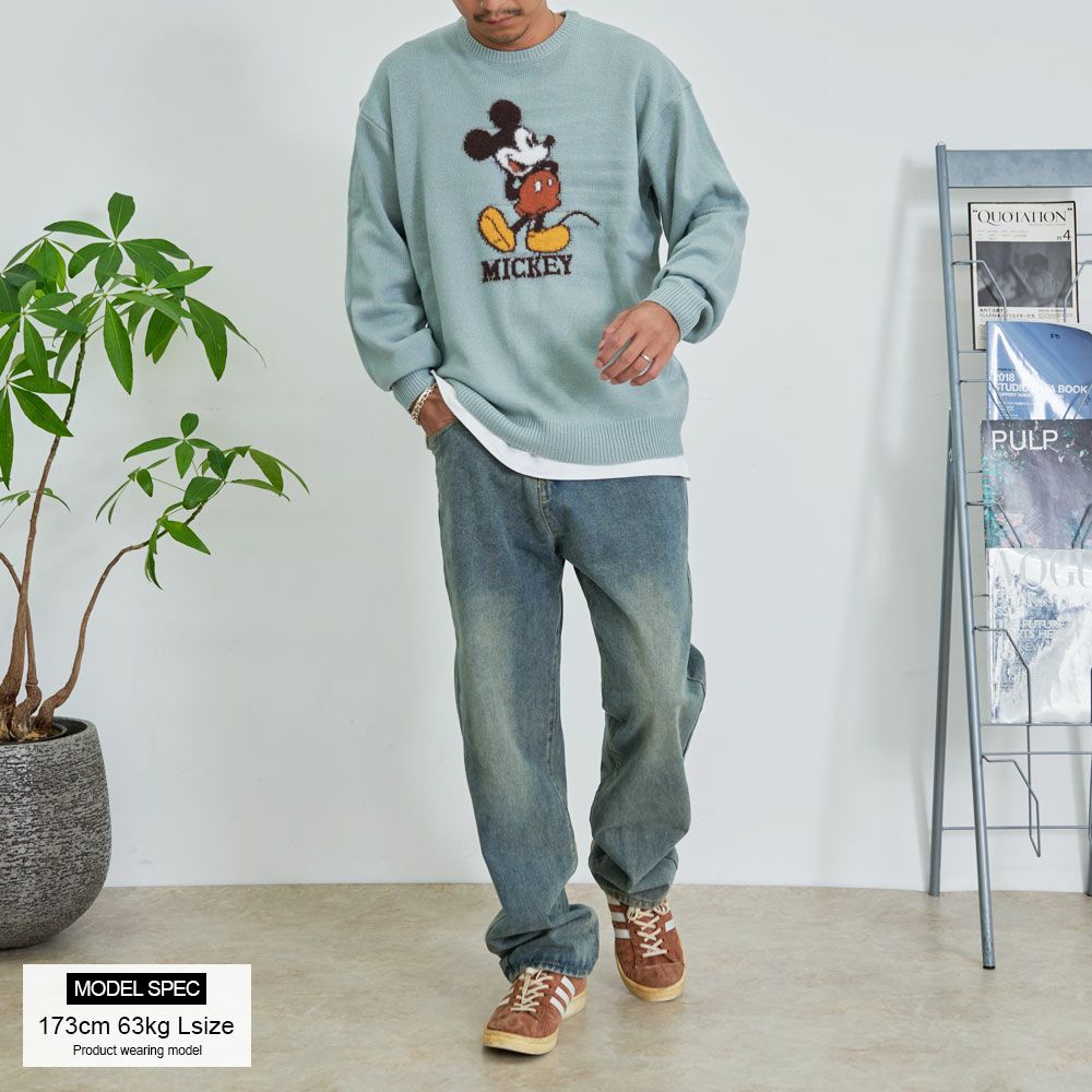 ニット メンズ DISNEY(ディズニー)MICKY ループ刺繍&シャギー