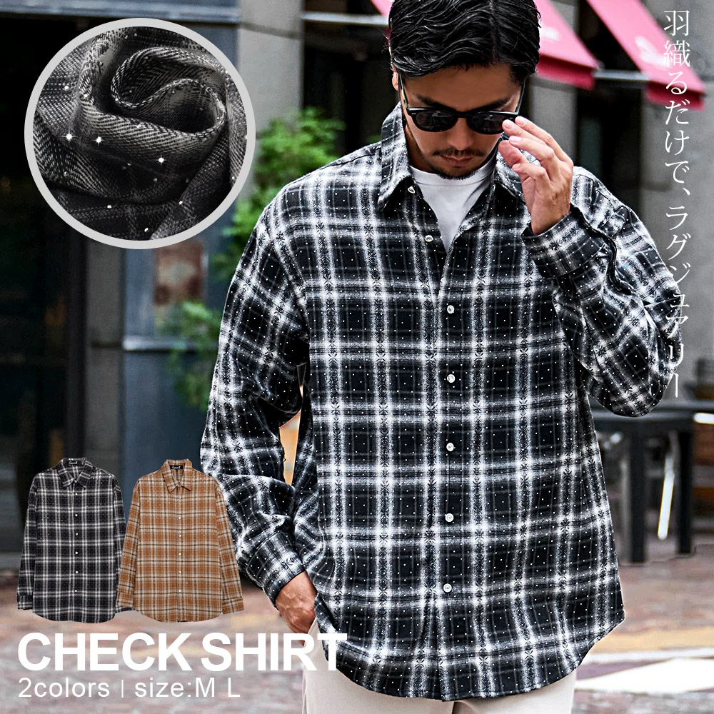  CavariA(キャバリア)ラインストーン付きチェック長袖シャツ/全2色