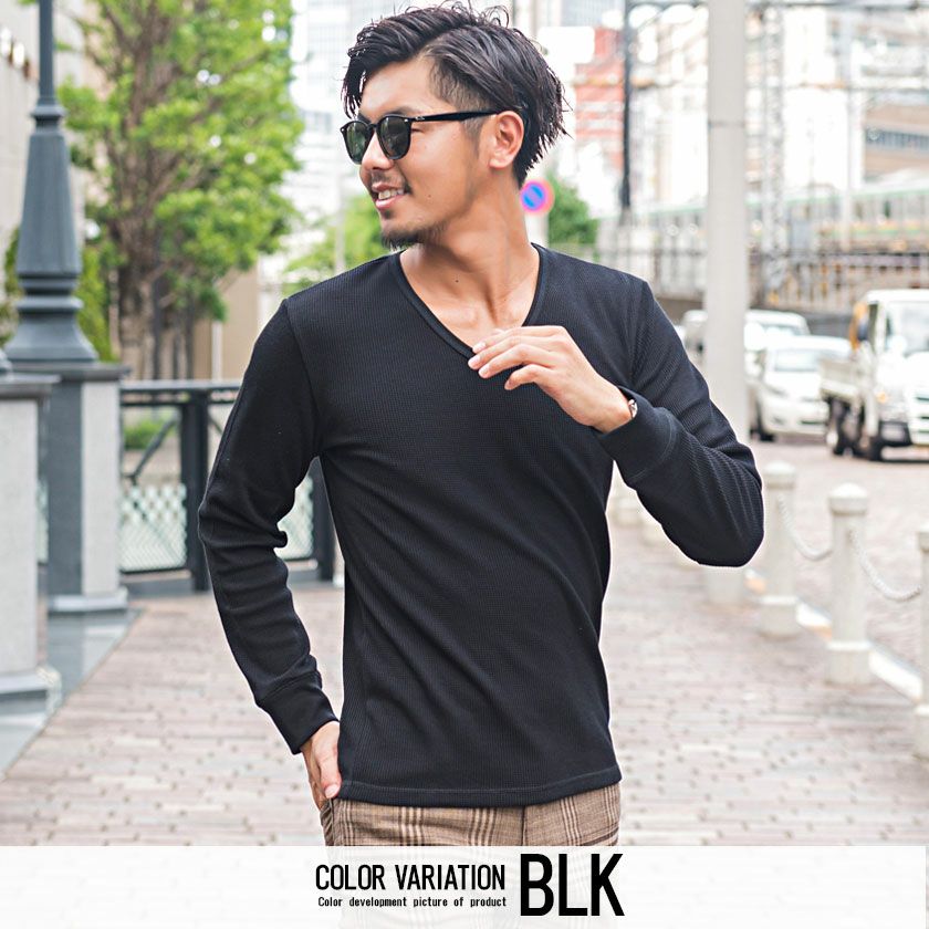 mamu サーマルVネックトップス セール】深Vネックサーマルワッフルプルオーバー長袖ロングTシャツ（T