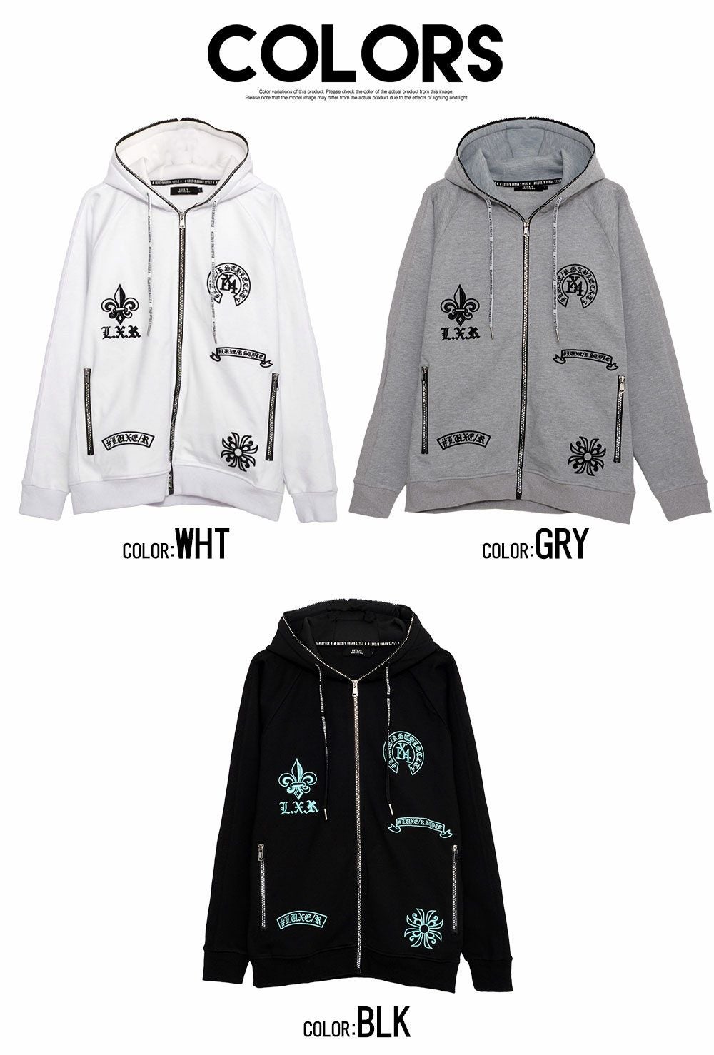 LUXE／R(ラグジュ)ラインストーンジップ刺繍パーカー/全3色