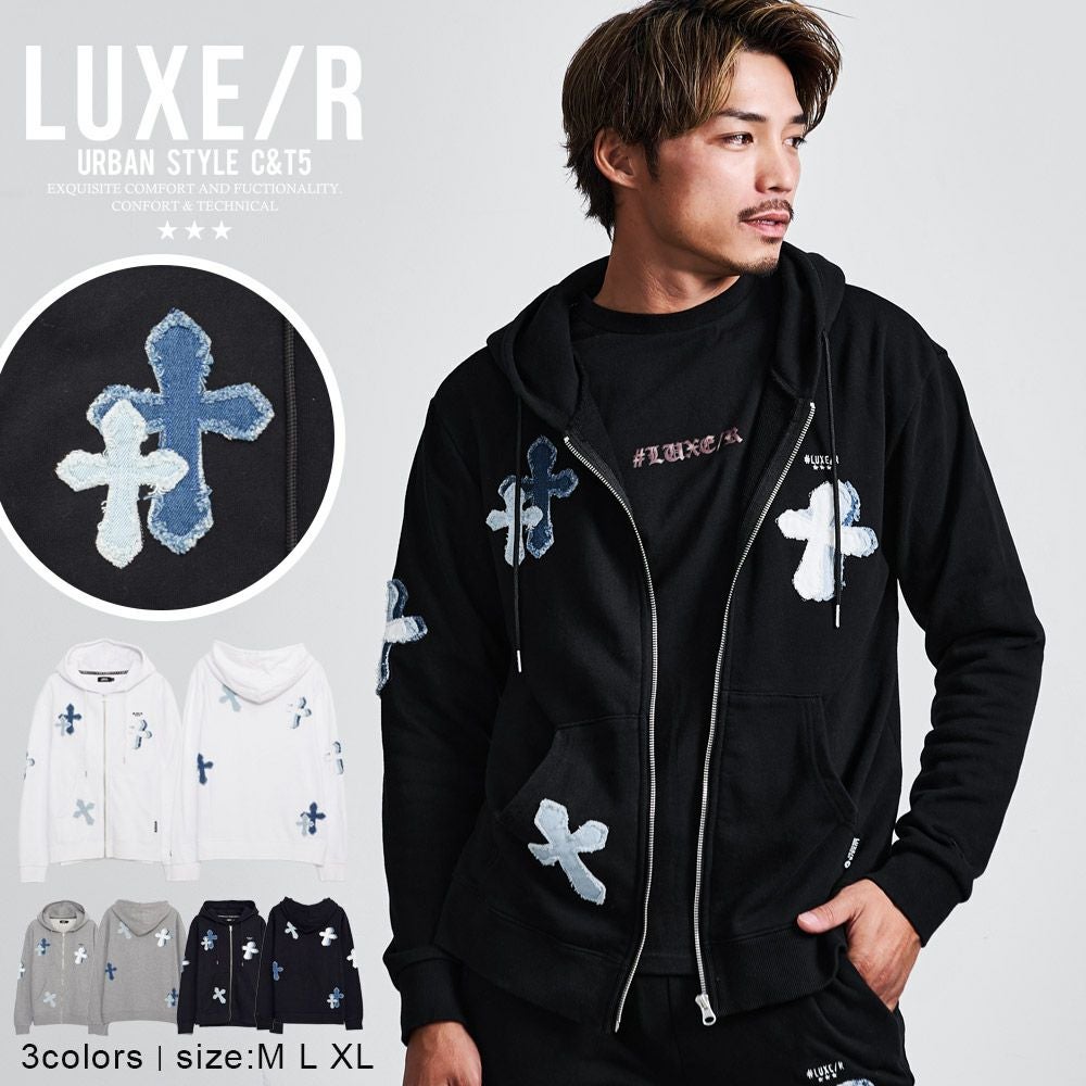 LUXE／R(ラグジュ)クロスデニム貼り付けジップパーカー/全3色