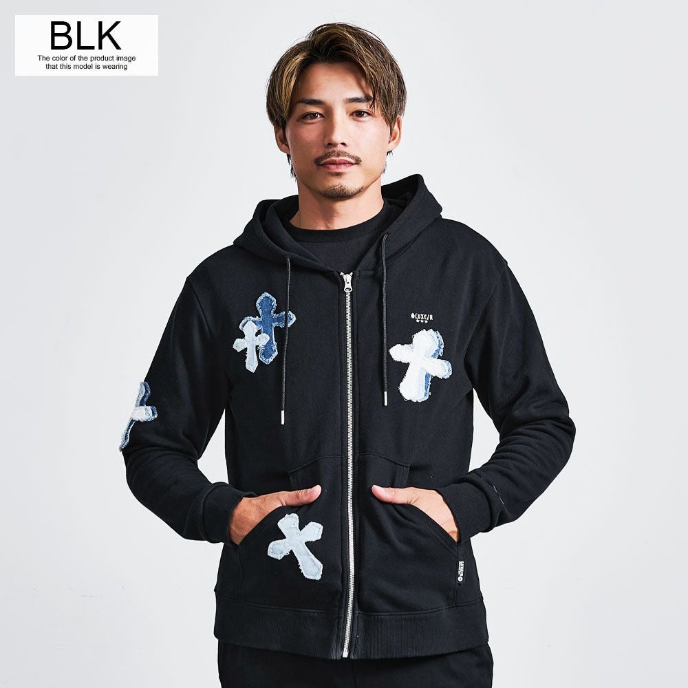 LUXE／R(ラグジュ)クロスデニム貼り付けジップパーカー/全3色