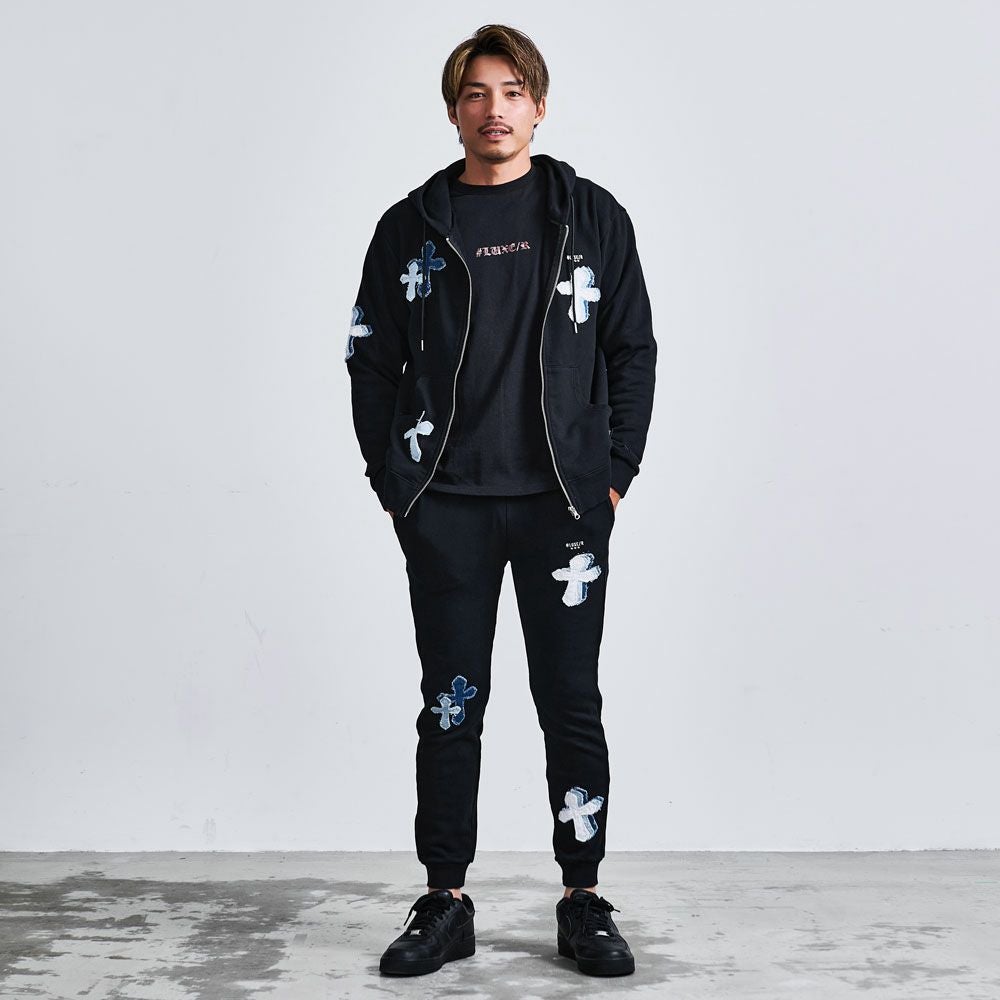LUXE／R(ラグジュ)クロスデニム貼り付けジップパーカー/全3色