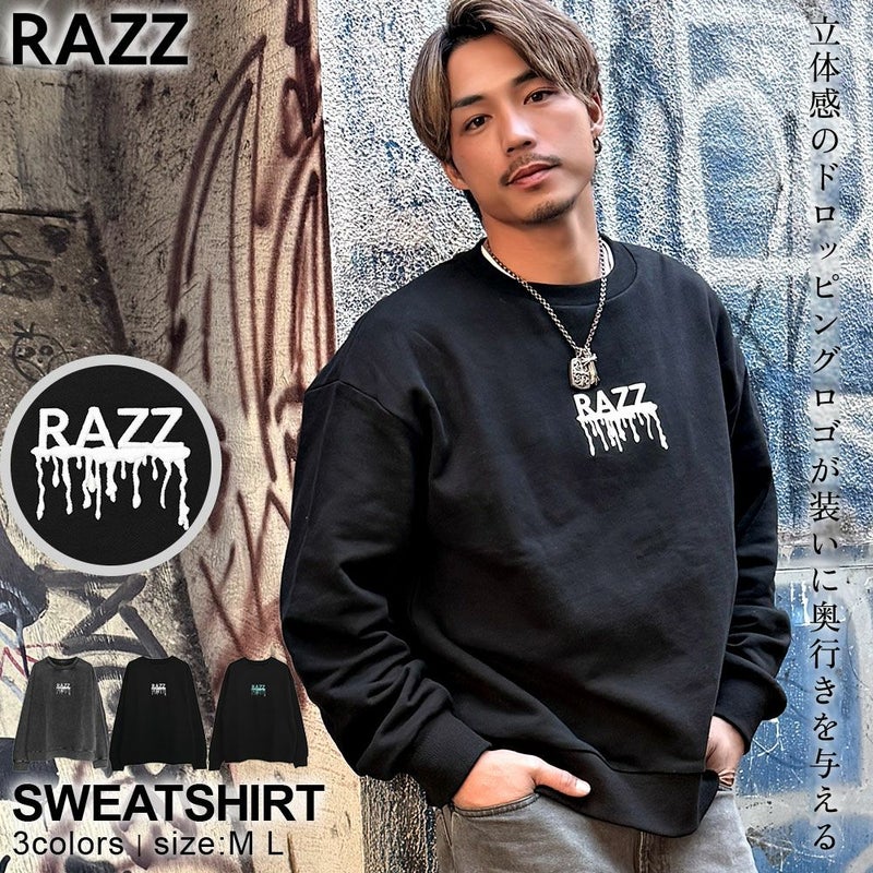 RAZZIS(ラズ)ドロッピングロゴ3D刺繍長袖スウェットトレーナー/全3色