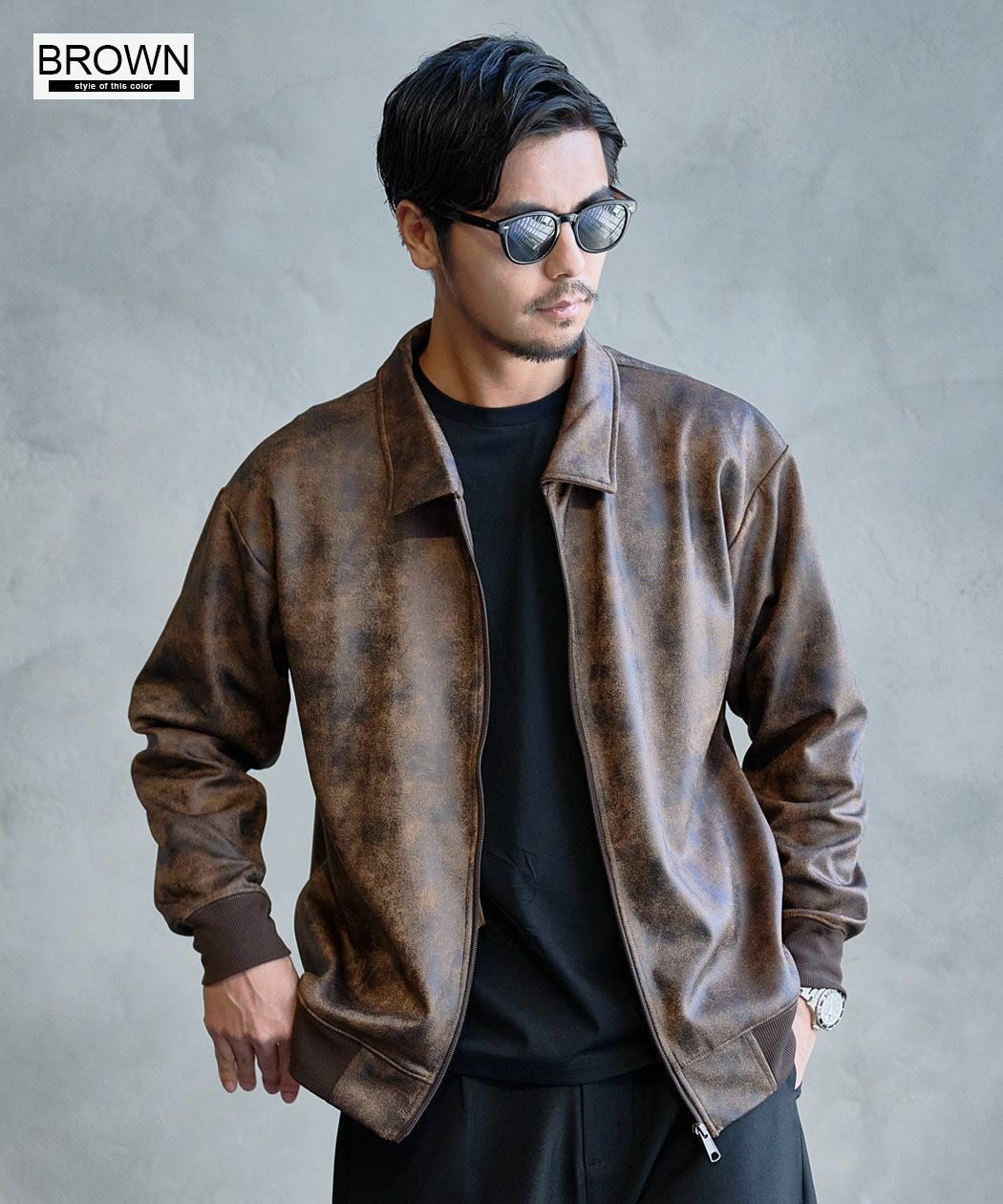 roughlow ラフロー　エコレザーバルーンブルゾン　ブラウン LOUIS CHAVLON(ルイシャブロン)レザー風ダンボール衿付きブルゾン/全2色