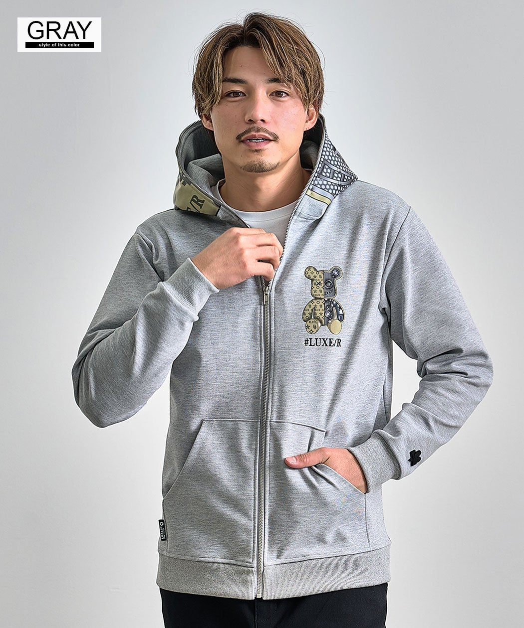 LUXE/R ラグジュコードししゅうネコジップアップパーカー 461086WHL LUXE／R(ラグジュ)ストレッチ裏フリースジップパーカー/全2色