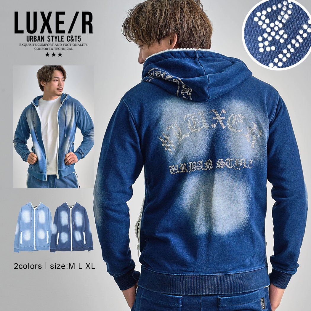 LUXE／R(ラグジュ)ラインストーンロゴカットデニムジップパーカー/全2色